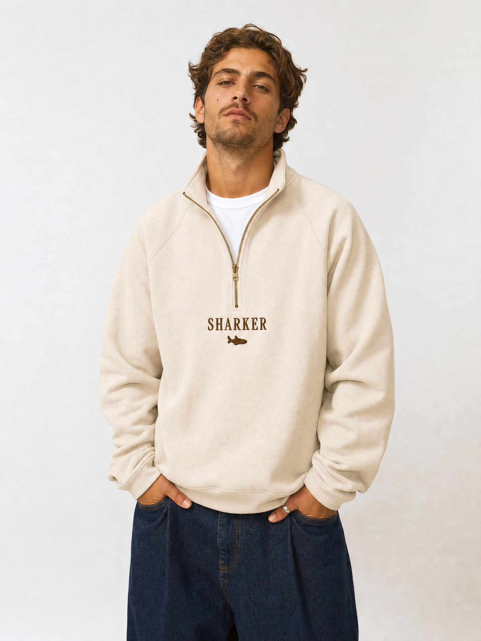 Sudadera Half zip BASIC BEIGE